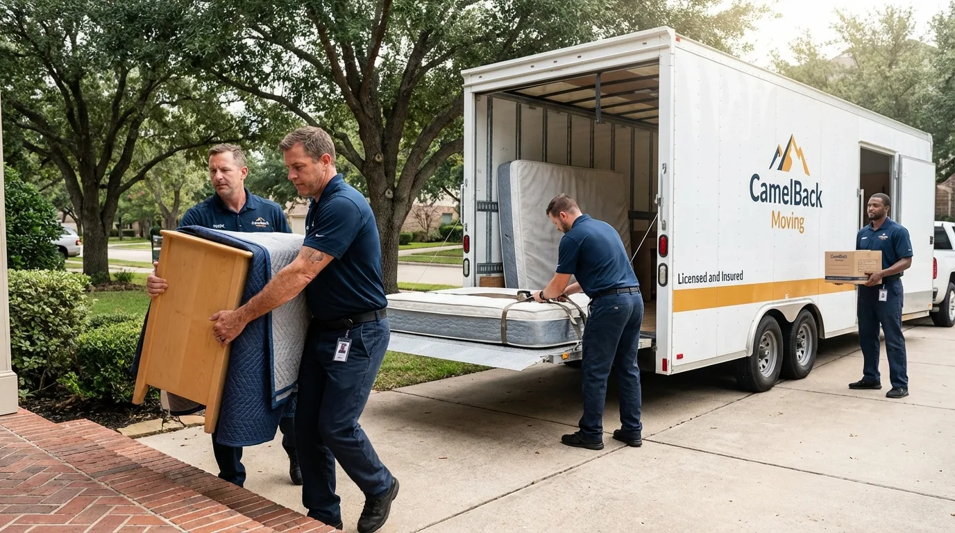 Crew loading residential truck for cross-state move from Maywood, CA