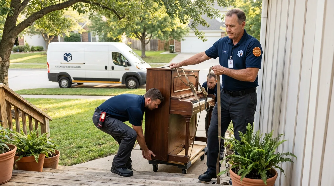 Licensed piano movers securing grand piano in Maywood, CA