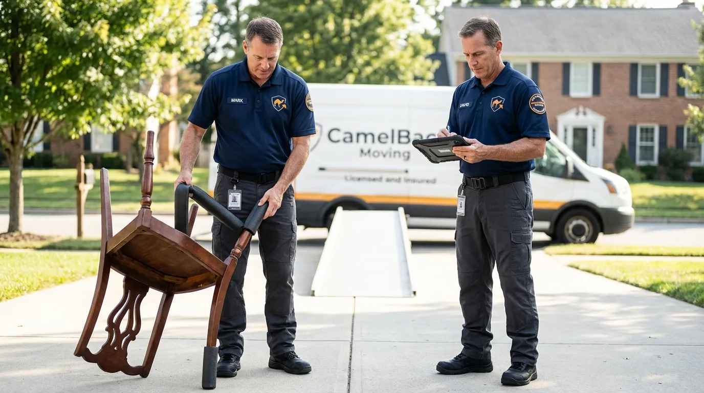 Movers inspecting furniture for damage prevention before loading in Maywood, CA